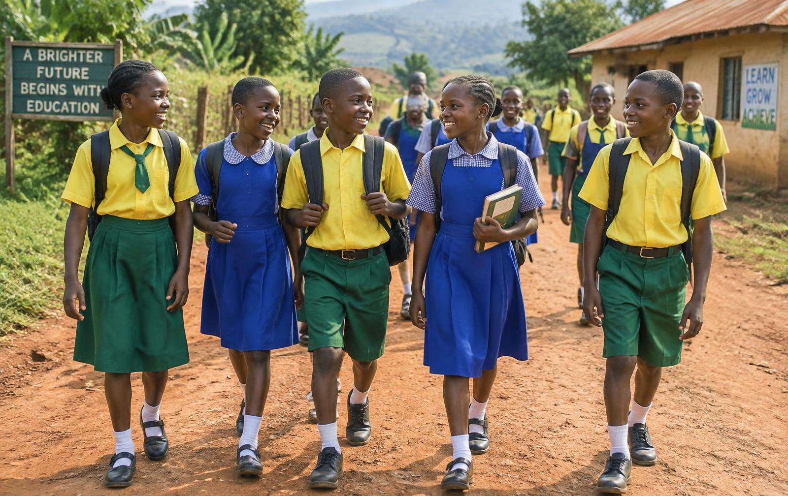 Nigerian schoolchildren in uniform walking to school on a village road