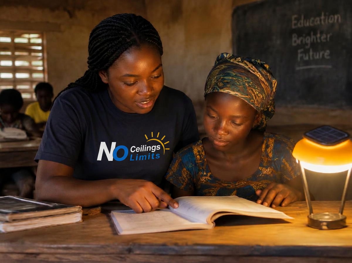 University mentor helping a girl read by a solar lamp in a rural classroom