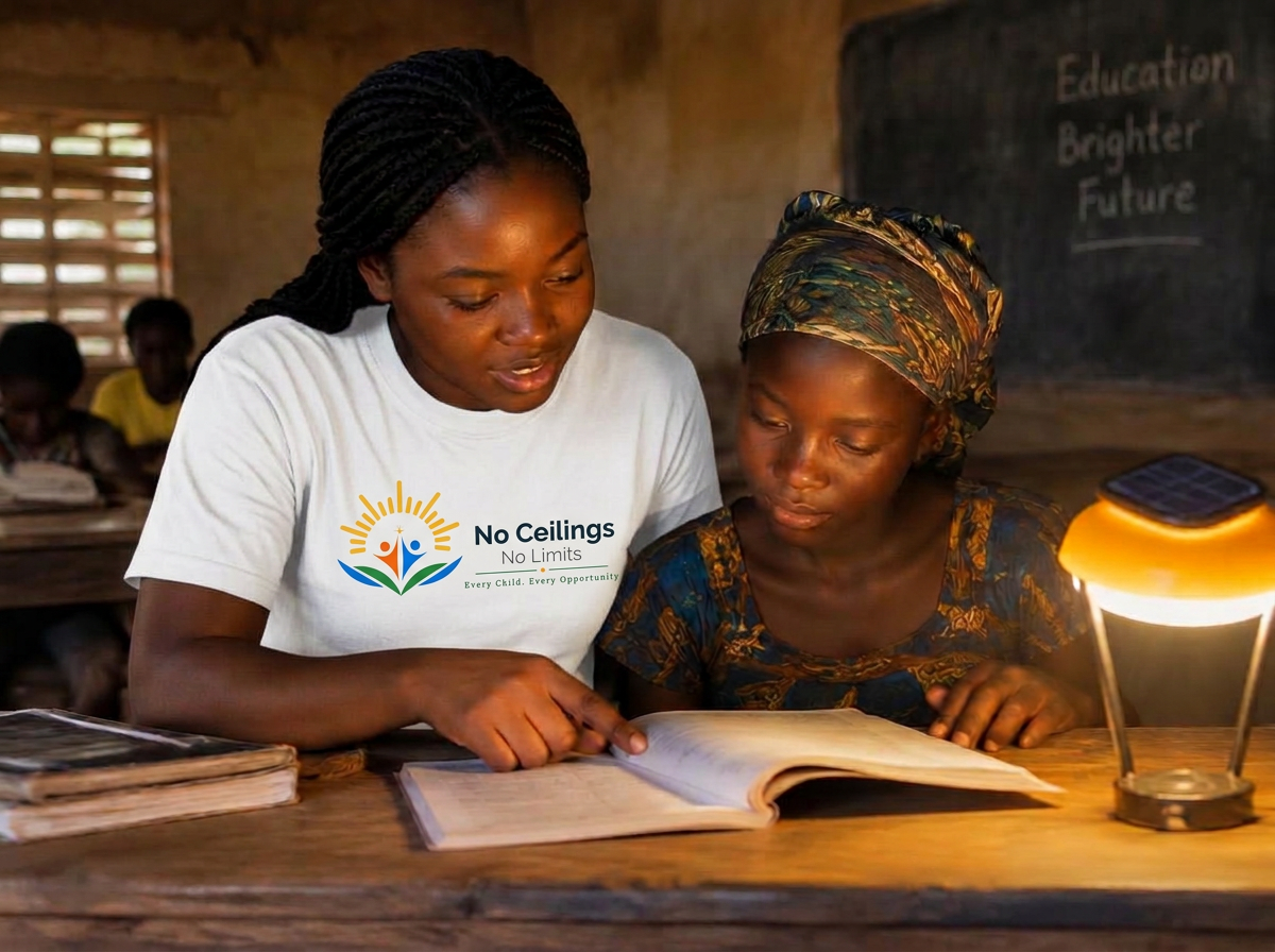 University mentor helping a girl read by a solar lamp in a rural classroom